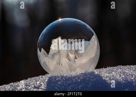 Bubbles, created in winter by the photographer, rapidly form ice crystals on the inside surfaces, Michigan, USA, Stock Photo