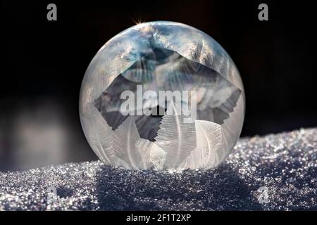Bubbles, created in winter by the photographer, rapidly form ice crystals on the inside surfaces, Michigan, USA, Stock Photo