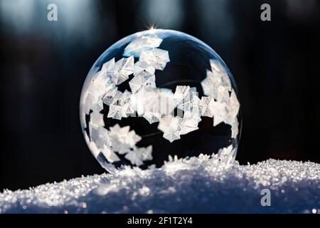 Bubbles, created in winter by the photographer, rapidly form ice crystals on the inside surfaces, Michigan, USA, Stock Photo