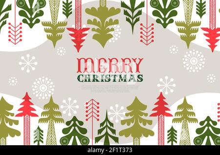 Merry Christmas web template illustration of traditional folk art style pine tree forest and winter decoration. Geometric vintage nordic design for on Stock Vector