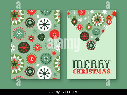 Merry Christmas greeting card collection. Retro scandinavian folk art background and illustration design set. Holiday ornaments in geometric nordic st Stock Vector