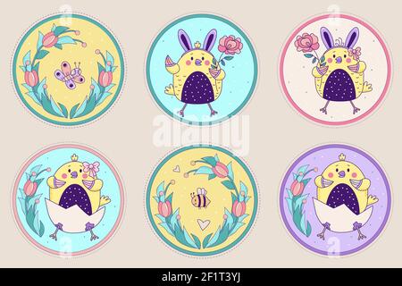 A set of cute characters - chickens, a butterfly and a bee. Easter chickens girl and boy in an egg and with a rose on a round decorative floral backgr Stock Vector