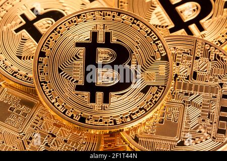 golden coin of bitcoin virtual money concept Stock Photo