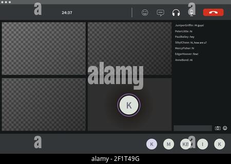 Screen template of video conference for four persons, modern software for virtual meetings, remote work or lections on transparent Stock Vector