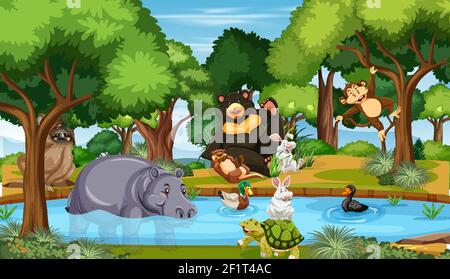 Many different animals in the forest scene illustration Stock Vector
