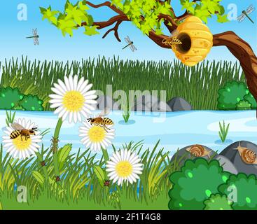 Nature scene with many bees in the forest illustration Stock Vector