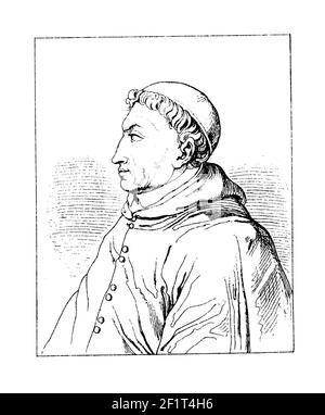 Antique 19th-century illustration of a portrait of Francisco Jiménez de Cisneros, Spanish cardinal and statesman. Born in 1436 in Torrelaguna, Castile Stock Photo