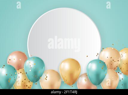 Party Glossy Holiday Background with Balloons, Empty Frame and confetti. Vector Illustration Stock Vector