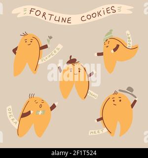 Chinese fortune cookie set in hand drawn cartoon style. Isolated vector illustration Stock Vector