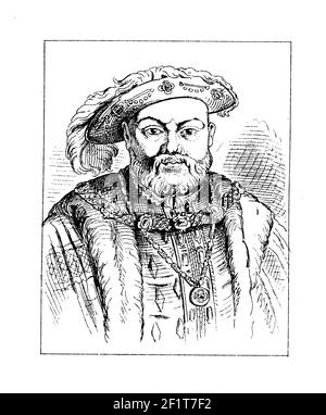 Antique illustration of a portrait of Henry VIII, King of England and Lord of Ireland. Born on June 28, 1491 in Greenwich, England, he died on January Stock Photo