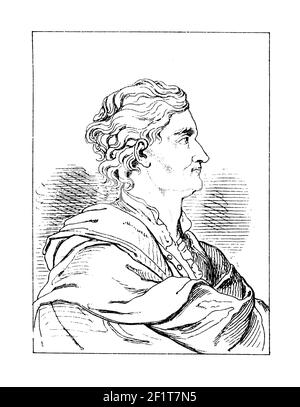 19th-century illustration of a portrait of Sir Isaac Newton, English physicist, mathematician, astronomer, natural philosopher, alchemist, and theolog Stock Photo