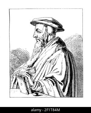 Vintage engraving of a portrait of Jean (John) Calvin, French theologian and pastor. Calvin was born on July 10, 1509 in Noyon, Picardy, France and di Stock Photo