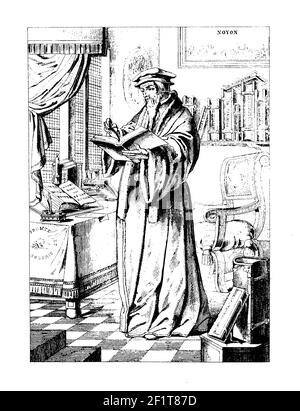 Antique engraving of a portrait of Jean (John) Calvin, French theologian and pastor. Calvin was born on July 10, 1509 in Noyon, Picardy, France and di Stock Photo