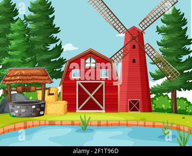 Red barn and windmill in the nature scene illustration Stock Vector