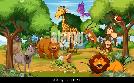Many different animals in the forest scene illustration Stock Vector