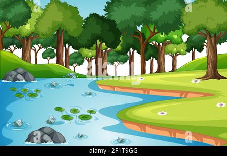 Nature forest landscape scene with many fishes in the stream illustration Stock Vector