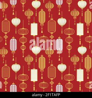 Chinese paper lantern seamless pattern illustration. Red and gold asian lamp decoration in flat outline style, background for special asia culture eve Stock Vector