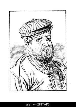 Antique 19th-century illustration of a portrait of Joan III, King of Portugal and the Algarves. He was born on June 7, 1502 in Lisbon, Kingdom of Port