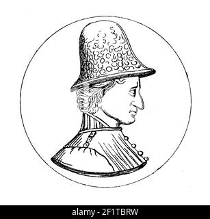 Antique illustration of a portrait of Louis XI the Prudent, King of France. He was born on July 3, 1423 in Bourges, Cher, France and died on August 30 Stock Photo
