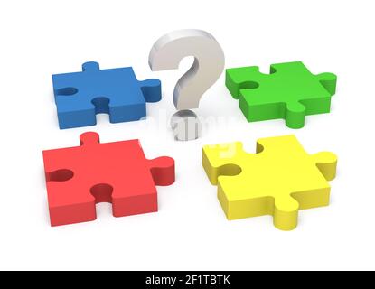 3D puzzle and question mark isolated on white background. Concept solution. Stock Photo