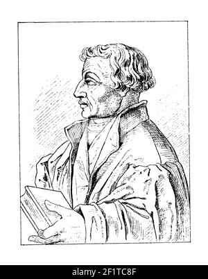 Antique illustration of a portrait of Martin Bucer, Protestant reformer. He was born on November 11, 1491 and died on February 28, 1551 in Cambridge,