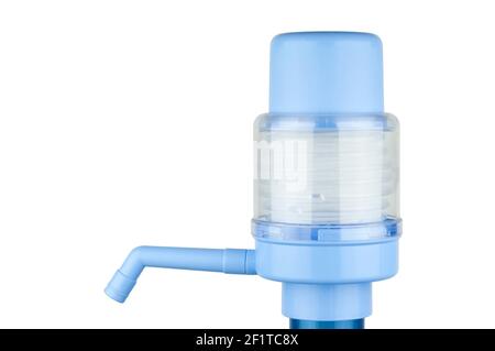 Hand water pump. Water pump for home and office use, isolated on white background. Drinking Water bottles with manual pump dispensers. Stock Photo