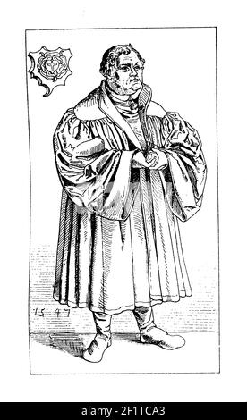 Antique illustration of a portrait of Martin Luther, initiator of the Protestant Reformation. Luther was born on November 10, 1483 in Eisleben, Saxony