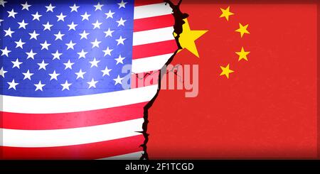 China Vs United States Conflict Style Abstract backdrop design concept. Modern cracked wall flags design Stock Photo