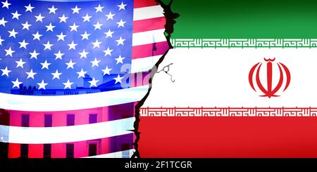 3.10.2021, California, USA. United States Vs Iran Flag with Cracked Wall Sign in between. Modern Political Concept background Stock Photo