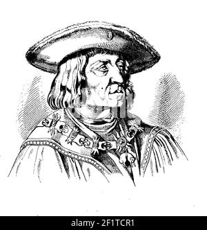 Antique 19th-century engraving of a portrait of Maximilian I, Holy Roman Emperor. He was born on March 22, 1459 in Wiener Neustadt, Austria and died o Stock Photo