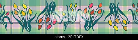 tulip bouquets on plaid vector border print Stock Vector