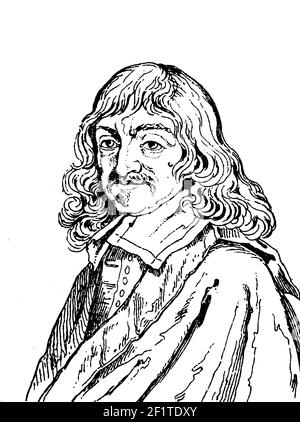 Antique 19th-century engraving of a portrait of Rene Descartes,  French philosopher, mathematician, scientist, and writer. He is credited the 'Father Stock Photo