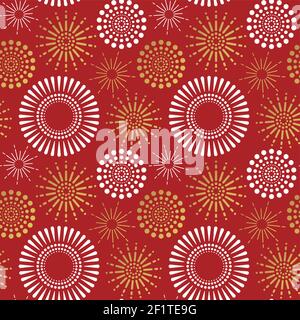 Abstract firework explosion seamless pattern illustration. Red and gold flat party fire work background for special celebration event or holiday desig Stock Vector