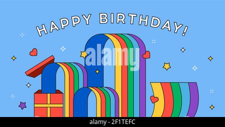 Happy birthday greeting card illustration for birth day party or anniversary congratulation. Modern flat cartoon gift box with colorful rainbow wave a Stock Vector