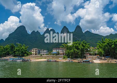 Boat landing on the riverbank of the magnificent Li river Stock Photo