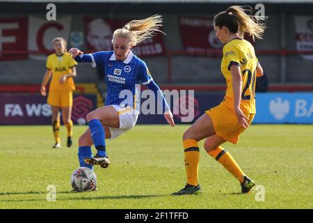 Crawley, UK. 01st Dec, 2019. Inessa Kaagman drags ball and turns away from Abbie McManus Tottenham 20 during the Barclays FA Womens Super League game between Brighton & Hove Albion and Tottenham Hotspur at The People's Pension Stadium in Crawley, England Credit: SPP Sport Press Photo. /Alamy Live News Stock Photo