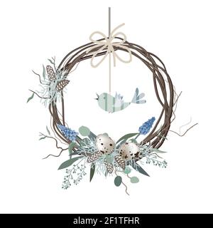 Happy Easter card, wreath in Scandinavian style with colored eggs and bird feathers. Spring decor. Hand drawn vector illustration isolated on white Stock Vector