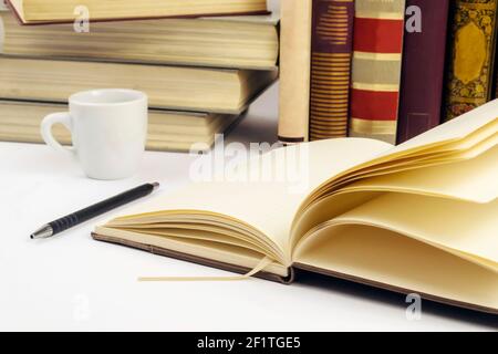 Open notebook with stack of books in background. Selective focus. Stock Photo