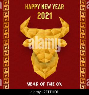 Chinese New Year of the ox 2021 greeting card illustration. Luxury gold low poly cow head with traditional red asian art background texture. Stock Vector