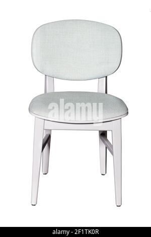 White wooden chair with seat and back upholstered in light fabric, isolated on white background. Stock Photo