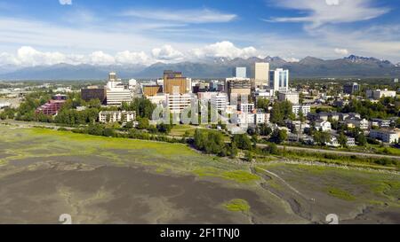 Aerial View Over The Town and Waterfront of Anchorage Alaska Stock Photo