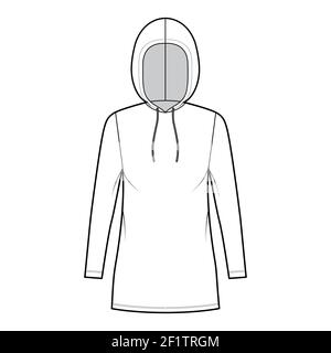 Hoody dress technical fashion illustration with long sleeves, mini length, oversized body, Pencil fullness. Flat sweater apparel template front, white color style. Women, men, unisex CAD mockup Stock Vector