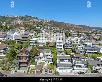 Aerial view of Laguna Beach coastline town with houses on the hills, California Stock Photo