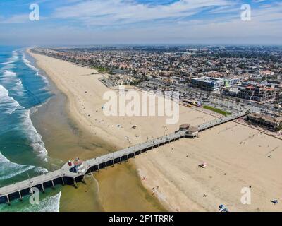 Aerial view of Huntington Pier, beach and coastline during sunny summer day Stock Photo