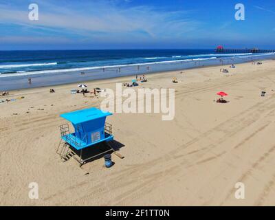 Lifeguard tower on the Huntington Beach during sunny day. Stock Photo