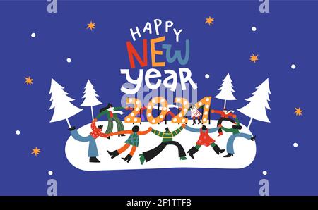 Happy New Year greeting card illustration. Diverse people friend group holding hands and dancing around 2021 number date sign. Fun party celebration e Stock Vector