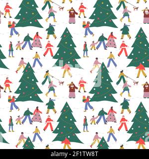 Christmas seamless pattern illustration, diverse people walking in winter snow landscape with xmas pine tree. Social holiday background includes chari Stock Vector