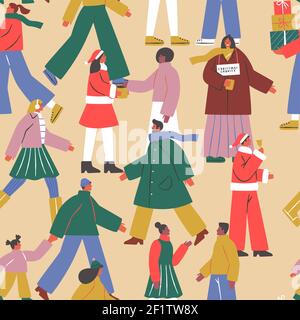 Christmas seamless pattern illustration, diverse people doing holiday activities in modern flat cartoon style. Social xmas background includes charity Stock Vector