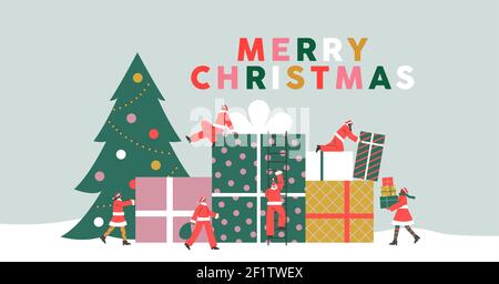Merry Christmas greeting card illustration of diverse people in santa claus costume with big xmas pine tree and gift box. Holiday season scene, santa' Stock Vector