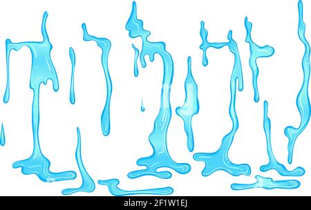 Dripping blue paint. Abstract liquid drops of ink. Vector illustration in hand drawn style isolated on white background. Liquid fluid. Spill paint. Falling paint. Stock Vector